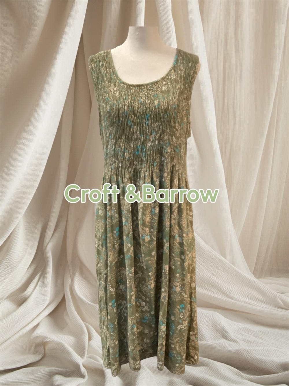 Summer Dress XL Croft & Barrow Olive w/teal floral pattern